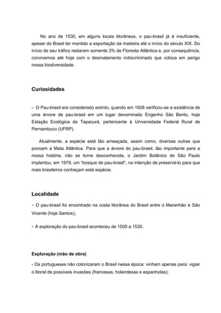 No ano de 1530, em alguns locais litorâneos, o pau-brasil já é insuficiente,
apesar do Brasil ter mantido a exportação da madeira até o início do século XIX. Do
início de seu tráfico restaram somente 3% de Floresta Atlântica e, por consequência,
convivemos até hoje com o desmatamento indiscriminado que coloca em perigo
nossa biodiversidade.
Curiosidades
- O Pau-brasil era considerado extinto, quando em 1928 verificou-se a existência de
uma árvore de pau-brasil em um lugar denominado Engenho São Bento, hoje
Estação Ecológica da Tapacurá, pertencente à Universidade Federal Rural de
Pernambuco (UFRP).
Atualmente, a espécie está tão ameaçada, assim como, diversas outras que
povoam a Mata Atlântica. Para que a árvore do pau-brasil, tão importante para a
nossa história, não se torne desconhecida, o Jardim Botânico de São Paulo
implantou, em 1979, um “bosque de pau-brasil”, na intenção de preservá-lo para que
mais brasileiros conheçam está espécie.
Localidade
- O pau-brasil foi encontrado na costa litorânea do Brasil entre o Maranhão e São
Vicente (hoje Santos);
- A exploração do pau-brasil aconteceu de 1500 a 1530.
Exploração (mão de obra)
- Os portugueses não colonizaram o Brasil nessa época: vinham apenas para: vigiar
o litoral de possíveis invasões (francesas, holandesas e espanholas);
 