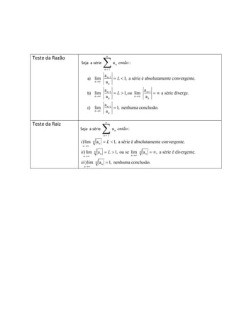 Teste da Razão
Seja a série n
n = 1
a :então
∞
∑
a) n+1
n
a
lim 1, a série é absolutamente convergente.
an
L
→∞
= <
b) n+1 n+1
n n
a a
lim 1, lim a série diverge.
a an n
L ou
→∞ →∞
= > = ∞
c) n+1
n
a
lim 1, nenhuma conclusão.
an→∞
=
Teste da Raiz
Seja a série n
n = 1
a :então
∞
∑
n
n)lim a 1, a série é absolutamente convergente.
n
i L
→∞
= <
n n
n n)lim a 1, ou se lim a , a série é divergente.
nn
ii L
→∞→∞
= > = ∞
n
n)lim a 1, nenhuma conclusão.
n
iii
→∞
=
 