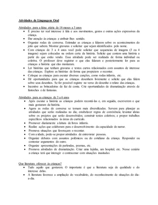 Atividades de Linguagem Oral
Atividades para a faixa etária de 18 meses a 3 anos
 É preciso ter real interesse à fala e aos movimentos, gestos e outras ações expressivas da
criança.
 Dar atenção às crianças e atribuir-lhes sentido.
 Organize rodas de conversa. Estimular as crianças a falarem sobre os acontecimentos do
jeito que sabem. Mostrar gravuras e solicitar que sejam identificados pelo nome.
 Com crianças de 3 a 4 anos você pode solicitar que sequencias de imagens (3 ou 4
imagens) sejam colocadas na ordem certa da história. Solicite que contem uma história a
partir do que estão vendo. Essa atividade pode ser realizada de forma individual ou
coletiva. O professor deve registrar o que elas falaram e posteriormente ler para as
crianças a história que elas montaram.
 Ler histórias que tenham gravuras e textos curtos relacionados com assuntos de interesse
das crianças. Explore as histórias de forma que propiciem o recontar.
 Coloque as crianças para escutar diversas canções, como rodas infantis, etc.
 Dê oportunidades para que as crianças desenhem livremente e solicite que elas falem
sobre seus desenhos. Se for possível registre no verso do desenho o relato das crianças.
 Incentive as brincadeiras de faz de conta. Crie oportunidades de dramatização através de
fantoches e de fantasias.
Atividades para as crianças de 3 a 6 anos
 Após escutar a história as crianças podem recontá-las e, em seguida, escreverem o que
mais gostaram da história.
 Agora as rodas de conversa se tornam mais diversificadas. Servem para planejar as
atividades que serão realizadas no dia; estabelecer regras de convivência; levantar ideias
sobre os projetos que serão desenvolvidos; construir textos coletivos; e propor trabalhos
específicos relacionados às áreas do currículo.
 Promover diariamente a leitura de livros infantis.
 Realize ações que colaboram para o desenvolvimento da capacidade de narrar.
 Promova situações que favoreçam o recontar.
 Com a idade, pode-se propor atividades de entrevistar pessoas.
 Organize debates com assuntos polêmicos ou do cotidiano da criança. Responder ou
contestar argumentos do outro.
 Organize apresentações de parlendas, poemas, etc.
 Promova atividades de dramatização. Criar uma lojinha, um hospital, etc. Nesse cenário
a criança terá que interagir e contracenar com situações inusitadas
Que literatura oferecer às crianças?
 Tudo aquilo que gostarem. O importante é que a literatura seja de qualidade e do
interesse delas.
 A literatura favorece a ampliação do vocabulário, do reconhecimento de situações do dia-
a-dia.
 