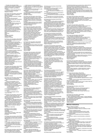 * Os testes caixa preta são também                  * o teste começa em nível de componente e                                                                          É virtualmente impossível que se preveja como o cliente realmente
necessários para a avaliação de confiabilidade,     prossegue “para fora”, em direção ao todo o sistema      Profª Renata Vieira Dias Martins UNILESTEMG                  usará um programa. As instruções de uso podem ser mal-
a análise de desempenho, a validação de                * diferentes técnicas de testes são adequadas em      Teste de Unidade                                             interpretadas, combinações estranhas de dados podem ser
interface com o usuário e para checar os            diferentes momentos                                      Erros potenciais que devem ser testados quando a             regularmente usadas, saídas que pareciam claras ao analista podem
requisitos;                                            * o teste é conduzido pelo desenvolvedor e, para      manipulação de erros é avaliada são:                         ser ininteligíveis para um usuário em campo.
   * Inspeções e Testes Caixa Preta não são         projetos grandes, por um grupo de teste                         o A descrição do erro é ininteligível.                Para um Software Customizado para um Cliente são realizados testes
técnicas concorrentes de Verificação.               independente                                                    o O erro mencionado não corresponde ao erro           de aceitação, conduzidos pelo usuário final a fim de capacitá-lo e para
Inspeções de Software                                  * o teste e a depuração são atividades diferentes     encontrado.                                                  validar todos os requisitos. Pode variar de um test drive informal a uma
                                                    mas a depuração deve fazer parte de qualquer                    o A condição de erro provoca a intervenção do         série de testes planejados.
Profª Renata Vieira Dias Martins UNILESTEMG         estratégia de teste                                      sistema antes da manipulação do erro.                        Testes Alfa e Beta
São revisões cujo objetivo é a detecção de          Abordagem Estratégica                                           o O processamento da condição de exceção está         Testes de Validação
defeitos no programa                                                                                         incorreto.
Para cada declaração condicional, a condição        Profª Renata Vieira Dias Martins UNILESTEMG                     o A descrição de erro não fornece informação          Profª Renata Vieira Dias Martins UNILESTEMG
está correta?                                       Abrange muitas das atividades a que nos referimos        suficiente para ajudar na localização da causa do erro.      Se o software é desenvolvido como um produto a ser usado por vários
Cada loop está certo para terminar?                 como garantia da qualidade de software (SQA)                                                                          clientes, não é prático realizar testes formais de aceitação de cada um.
As declarações compostas estão corretamente         Validação: Estamos construindo o produto certo?          Profª Renata Vieira Dias Martins UNILESTEMG                  A maioria dos desenvolvedores de software usa um processo
entre parênteses?                                   Os requisitos descritos atendem às necessidades          Teste de Unidade                                             chamado teste alfa e beta para descobrir erros que apenas o usuário
Em declarações ‘case’ todos os casos são            do cliente?                                                 * Teste de limite é a última tarefa (e provavelmente a    final parece capaz de descobrir.
levados em conta?                                   Verificação: Estamos construindo certo o produto?        mais importante) do passo de teste de unidade. O             Testes de Validação
Se um identificador BREAK é requerido após          O que está implementado está de acordo com os            software frequentemente falha nos seus limites. Isto é,      Testes Alfa e Beta
cada caso em declarações ‘case’, esse               requisitos descritos no documento?                       frequentemente ocorre um erro quando n-ésimo elemento
identificador foi incluído?                         Verificação e Validação                                  de uma matriz n-dimensional é processado, quando a i-        Profª Renata Vieira Dias Martins UNILESTEMG
Defeitos de Controle                                                                                         ésima repetição de um ciclo com i passos é invocada,         Teste Alfa - É conduzido nas instalações do desenvolvedor com o
Todas as variáveis de programa são iniciadas        Profª Renata Vieira Dias Martins UNILESTEMG              quando o valor máximo e mínimo permissível é                 cliente. O software é usado num ambiente natural com o
antes de seus valores serem utilizadas?             Há um conflito de interesses inerente que ocorre         encontrado.                                                  desenvolvedor "olhando sobre os ombros" do usuário e registrando
Todas as constantes foram denominadas?              quando o teste começa. O pessoal que construiu o            * Casos de teste que exercitam a estrutura de dados,      erros e problemas de uso. São conduzidos num ambiente controlado
O limite superior de vetores deve ser igual ao      software é agora solicitado a testá-lo. Isso parece      fluxo de controle e valores de dados imediatamente           Teste Beta - é realizado nas instalações do cliente pelo usuário final do
tamanho do vetor ou ao tamanho –1?                  inócuo em si mesmo; afinal de contas, quem               abaixo, sobre e imediatamente acima do máximo e do           software. O desenvolvedor não está presente. O cliente registra os
Existe alguma possibilidade de overlow de           conhece o programa melhor do que seus                    mínimo têm grande probabilidade de descobrir erros.          problemas (reais ou imaginários) que são encontrados e os relata ao
buffer?                                             desenvolvedores? Infelizmente, esses mesmos                                                                           desenvolvedor a intervalos regulares.
Defeitos nos                                        desenvolvedores têm um interesse oculto em               Profª Renata Vieira Dias Martins UNILESTEMG                  Testes de Validação
Dados                                               demonstrar que o programa está livre de erros, que       Uma vez testados os componentes individuais de
Checagem de Inspeção                                funciona de acordo com os requisitos do cliente e        programa, eles devem ser integrados para criar um            Profª Renata Vieira Dias Martins UNILESTEMG
Classe de defeitos                                  que vai ser completado de acordo com o                   sistema parcial ou completo.                                 O que o engenheiro de software deve fazer?
Inspeções de Software                               cronograma e dentro do orçamento.                        Os testes de integração devem ser desenvolvidos a partir     1. Projetar caminhos de tratamento de erros que testem todas as
                                                    Cada um desses interesses se                             da especificação do sistema e começar assim que as           informações que chegam de outros elementos do sistema.
Profª Renata Vieira Dias Martins UNILESTEMG         contrapõe a um teste rigoroso.                           versões de alguns dos componentes do sistema estejam         2. Realizar uma série de testes que simulem dados ruins ou outros
Todas as possíveis condições de erros foram         Organização                                              disponíveis.                                                 erros em potencial na interface do software.
levadas em conta?                                                                                            Há complexas interações entre os componentes de              3. Registrar os resultados de teste para usar como "prova" se alguém
Defeitos de Gerencia-mento de Exceções              Profª Renata Vieira Dias Martins UNILESTEMG              sistema e, quando uma saída anômala é descoberta,            lhe apontar o dedo.
Se uma estrutura ligada é modificada, todos os      Para desenvolver o software nos movemos em               pode ser difícil encontrar a origem do erro.                 4. Participar do planejamento e projeto dos testes do sistema para
links foram corretamente redesignados?              espiral para dentro.                                     Testes de Integração                                         garantir que o software seja adequadamente testado.
Se o armazenamento dinâmico é utilizado, o          Uma estratégia para teste de software pode também                                                                     Testes de Sistema
espaço foi alocado corretamente?                    ser vista no contexto da espiral, de dentro para fora.   Profª Renata Vieira Dias Martins UNILESTEMG
O espaço é explicitamente liberado, depois que      Uma Estratégia                                           Integração não incremental: abordagem "big-bang". O          Profª Renata Vieira Dias Martins UNILESTEMG
não é mais necessário?                              Teste de Sistema                                         programa completo é testado como um todo e o resultado       Muitos sistemas baseados em computador precisam recuperar-se de
Defeitos de Gerencia-mento de Armazena-             Teste de Validação                                       é o caos. Quando erros são encontrados, a correção é         falhas e retomar o processamento dentro de um tempo previamente
mento                                               Teste de Integração                                      difícil porque o isolamento das causas é complicado pela     especificado.Em certos casos, o sistema deve tolerar falhas, isto é, o
Todas as chamadas de funções e métodos têm          Teste de Unidade                                         vasta amplitude do programa inteiro.                         processamento de falhas não deve fazer com que uma função global
o número correto de parâmetros?                                                                              Integração Incremental: o programa é construído e            de sistema cesse.
Os tipos formais e reais de parâmetros              Profª Renata Vieira Dias Martins UNILESTEMG              testado em pequenos segmentos, onde os erros são mais        Em outros casos, uma falha do sistema deve ser corrigida dentro de
combinam? Os parâmetros estão na ordem              Inicialmente o teste focaliza cada componente            fáceis de serem isolados e corrigidos; as interfaces têm     um período previamente especificado; caso contrário, graves prejuízos
certa?                                              individualmente, garantindo que funciona                 maior probabilidade de serem testadas completamente e        econômicos ocorrerão.
Se componentes acessam memória                      adequadamente como uma unidade.                          uma abordagem sistemática ao teste pode ser aplicada.        O teste de recuperação é um teste de sistema que força o software a
compartilhada, eles têm o mesmo modelo da           O teste de unidade faz uso de técnicas de caixa-         Testes de Integração                                         falhar de diversas maneiras e verifica se a recuperação é
estrutura de memória compartilhada?                 branca intensivamente, exercitando caminhos                                                                           adequadamente executada.
Defeitos de Interface                               específicos na estrutura de controle de um módulo,       Profª Renata Vieira Dias Martins UNILESTEMG                  Teste de Recuperação
Todas as variáveis de entrada são utilizadas?       para garantir completa cobertura e máxima                Inicialmente, é necessário integrar uma configuração         Testes de Sistema
Todas as variáveis de saída têm um valor            detecção de erros.                                       mínima do sistema e testar esse sistema.
designado antes de saírem?                          O teste de integração cuida dos aspectos                 Em seguida, são adicionados componentes a essa               Profª Renata Vieira Dias Martins UNILESTEMG
Entradas inesperadas podem fazer com que os         associados aos problemas duais de verificação e          configuração mínima, que é testada depois de cada            Qualquer sistema baseado em computador que gerencie informações
dados sejam corrompidos?                            construção de programas. As técnicas de projeto de       componente adicionado.                                       delicadas ou provoque ações que possam impropriamente prejudicar
Defeitos de Entrada/ Saída                          casos de teste caixa-preta são mais prevalentes          Os testes realizados                                         (ou beneficiar) pessoas constitui um alvo para o acesso impróprio ou
Inspeções de Software                               durante a integração, apesar de uma quantidade           inicialmente devem                                           ilegal.
                                                    limitada de testes caixa-branca poder ser usada          ser repetidos                                                O teste de segurança tenta verificar se todos os mecanismos de
Profª Renata Vieira Dias Martins UNILESTEMG         para garantir a cobertura dos principais caminhos de     a cada adição de                                             proteção embutidos num sistema o protegerão, de fato, de acessos
A medida que uma organização adquire                controle.                                                componentes.                                                 indevidos.
experiência no processo de inspeção, ela pode       Uma Estratégia                                           Testes de Integração                                         Durante o teste de segurança, o analista desempenha o papel de
utilizar os resultados desse processo como meio                                                                                                                           pessoa que deseja penetrar no sistema. Qualquer coisa vale!
de aperfeiçoa-lo.                                   Profª Renata Vieira Dias Martins UNILESTEMG              Profª Renata Vieira Dias Martins UNILESTEMG                  Teste de Segurança
A quantidade de código que pode ser                 Depois que o software foi integrado, um conjunto de      Testes de Integração/Interface                               Testes de Sistema
inspecionada em um determinado tempo                testes de alto nível é conduzido. Critérios de           Os erros são um resultado da interação entre objetos e
depende da experiência da equipe de inspeção,       validação (estabelecidos durante a análise de            não do comportamento isolado em um único objeto.             Profª Renata Vieira Dias Martins UNILESTEMG
da linguagem de programação e do domínio da         requisitos) precisam ser testados.                       As setas para a delimitação da caixa significam que os             o adquirir senhas mediante contatos externos
aplicação.                                          Os testes de validação fornecem garantia final de        casos de teste não são aplicados aos componentes                   o atacar o sistema com software customizado projetado para
Inspeções de Software                               que o software satisfaz todos os requisitos              individuais, mas aos subsistemas criados pela                derrubar quaisquer defesas que tenham sido construídas
                                                    funcionais, comportamentais e de desempenho. As          combinação desses componentes.                                     o desarmar o sistema, negando serviço a outros
Profª Renata Vieira Dias Martins UNILESTEMG         técnicas de teste caixa-preta são as únicas usadas                                                                          o provocar erros intencionalmente, esperando acessá-lo durante
Testes Funcionais ou Comportamentais                durante a validação.                                     Profª Renata Vieira Dias Martins UNILESTEMG                  a recuperação
   * Não é uma alternativa às técnicas caixa-       O software, uma vez validado, deve ser combinado         Parâmetros: Dados ou referências de funções são                    o "folhear" através de dados inseguros esperando descobrir a
branca                                              com os outros elementos do sistema (p.ex. o              passados de um componente para o outro.                      chave para a entrada no sistema.
   * Focado na funcionalidade e não na              hardware, o pessoal, as bases de dados). O teste         Memória compartilhada: Um bloco de memória é                 O papel do projetista do sistema é fazer com que o acesso custe mais
implementação do software. Despreza, de             de sistema verifica se todos os elementos                compartilhado entre subsistemas. Os dados são                do que o valor da informação que será obtida.
propósito, a estrutura de controle, a atenção é     combinam adequadamente e se a                            colocados na memória por um subsistema e são                 Testes de Sistema
focalizada no domínio da informação.                função/desempenho global do sistema é                    recuperados a partir daí por outros subsistemas.             Teste de Segurança
Tenta encontrar erros nas seguintes categorias:     conseguida.                                              Procedimento: Um subsistema encapsula um conjunto de
       o Funções incorretas ou omitidas             Uma Estratégia                                           procedimentos que podem ser chamados por outros              Profª Renata Vieira Dias Martins UNILESTEMG
       o Erros de interface                                                                                  subsistemas. Os objetos e os tipos de dados têm essa         Testes de Estresse
       o Erros de estrutura de dados ou de          Profª Renata Vieira Dias Martins UNILESTEMG              forma de interface.                                          Uma vez que o sistema tenha sido completamente integrado, é
acesso a base de dados externa                      “Quando terminamos o teste para saber se                 Passagem de mensagem: um subsistema pede um                  possível testá-lo quanto a desempenho e confiabilidade.
       o Erros de comportamento ou                  testamos suficientemente?”                               serviço de outro subsistema, passando-lhe uma                Sistemas são projetados para uma determinada carga.
desempenho                                          Infelizmente não há resposta definitiva para esta        mensagem. Uma mensagem de retorno inclui os                  Testes de estresse continuam além da carga máxima até que o
       o Erros de inicialização e término           questão, mas há algumas respostas pragmáticas e          resultados da execução do serviço. Alguns sistemas           sistema falhe.
Testes Caixa Preta                                  primeiras tentativas de respostas empíricas.             orientados a objetos têm esse tipo de interface, como        Testes de Sistema
                                                    Uma reposta à questão é: “Você nunca acaba de            acontece com os sistemas cliente-servidor.
Profª Renata Vieira Dias Martins UNILESTEMG         testar, o encargo simplesmente passa de você para        Testes de Integração/Interface                               Profª Renata Vieira Dias Martins UNILESTEMG
   * Diferente do teste caixa-branca, que é         o seu cliente”.                                                                                                       Esse tipo de teste tem duas funções:
realizado no início do processo de teste, o teste   Outra resposta (um tanto cínica, mas não obstante        Profª Renata Vieira Dias Martins UNILESTEMG                  1. Testa o comportamento de falha do sistema - eventos inesperados.
caixa-preta tende a ser aplicado durante os         precisa) é: “Você acaba de testar quando o tempo         Testes de Validação                                          2. Causa estresse no sistema e pode acarretar a detecção de defeitos
últimos estágios do teste.                          ou o dinheiro acaba”                                     Ao término da atividade de teste de integração, o software   que, normalmente não se manifestariam.
   * Hetzel descreve o teste caixa-branca como                                                               está completamente montado como um pacote, erros de          São particularmente relevantes
“teste de varejo”. Sua implicação é de que os       Profª Renata Vieira Dias Martins UNILESTEMG              interface foram descobertos e corrigidos e uma série final   para sistemas distribuídos
testes caixa-branca são tipicamente aplicados a     Teste de Unidade                                         de testes de software – os testes de validação – podem       Testes de Estresse
pequenos componentes de programa (p.ex.                * A interface do módulo é testada para garantir       começar.                                                     Testes de Sistema
módulos ou pequenos grupos de módulos). O           que a informação flui adequadamente para dentro e        A validação é bem sucedida quando o software funciona
teste caixa-preta, por outro lado, amplia nosso     para fora da unidade de programa que está sendo          de uma maneira razoavelmente esperada pelo cliente.
enfoque e pode ser chamado de “teste por            testada.                                                 A Especificação de Requisitos de Software contém os          Métricas e Estimativas
atacado”.                                              * A estrutura de dados local é examinada para         critérios de validação que formam a base para uma
Caixa-Branca x Caixa-Preta                          garantir que dados armazenados temporariamente           abordagem ao teste de validação.                             Métricas e Medição de Software
                                                    mantêm sua integridade durante todos os passos da                                                                        * Métrica é uma indicação do que e como medir.
Estratégias de Teste de Software                    execução.                                                Profª Renata Vieira Dias Martins UNILESTEMG                     * Na Engenharia de Software, mede-se um software por várias
Profa. Renata Vieira Dias Martins                      * As condições limites são testadas para garantir     A validação do software é realizada por meio de uma série    razões:
UnilesteMG                                          que o módulo opera adequadamente nos limiares            de testes de caixa preta que demonstram a conformidade              o Indicar a qualidade do produto
renatavd@uol.com.br                                 estabelecidos para limitar ou restringir o               com os requisitos.                                                  o Avaliar a produtividade das pessoas durante o projeto
“Como a morte e os impostos, o teste é tanto        processamento.                                           O plano e o procedimento de teste são projetados para               o Avaliar os benefícios derivados de novos métodos e/ou
desagradável quanto inevitável”                        * Os caminhos independentes ao longo da               garantir que:                                                ferramentas de software
Ed Yourdon                                          estrutura de controle são exercitados para garantir             o todos os requisitos funcionais são satisfeitos;            o Estabelecer uma baseline para futuras comparações e
                                                    que todos os comandos de um módulo tenham sido                  o todos os requisitos de desempenho são               estimativas
Profª Renata Vieira Dias Martins UNILESTEMG         executados pelo menos uma vez.                           conseguidos;                                                        o Justificar o pedido de novas ferramentas ou treinamento
O projeto efetivo de casos de teste é importante,      * Todos os caminhos de manipulação de erros                  o a documentação está correta;                        adicional
mas a estratégia que você usa para executá-los      são testados.                                                   o outros requisitos são cumpridos: portabilidade,
também é.                                                                                                    compatibilidade, remoção de erros e manutenibilidade.           * Existem diversos tipos de medidas, que podem ser divididas em
   * Deve desenvolver um plano formal para os       Profª Renata Vieira Dias Martins UNILESTEMG              Testes de Validação                                          duas classes principais:
testes?                                             Teste de Unidade                                                                                                             o Métricas de produtividade
   * Deve testar o programa inteiro como um            * O teste de unidade é normalmente considerado        Profª Renata Vieira Dias Martins UNILESTEMG                       Permitem avaliar a produtividade do processo. Ou seja, avaliar a
todo ou apenas uma pequena parte dele?              um apêndice ao passo de codificação.                     Um elemento importante do processo de validação é a          eficiência do processo em relação a custos, prazos, recursos, etc.
   * Deve reexecutar testes que já conduziu            * Um bom projeto determina que condições de           revisão de configuração ou auditoria.                               o Métricas de qualidade
quando adicionados um novo componente a um          erros sejam antecipadas e caminhos de                    O propósito dessa revisão é garantir que todos os                 Permitem avaliar a qualidade do software. Isto é, verificar se o
sistema grande?                                     manipulação de erros estabelecidos para                  elementos da configuração de software tenham sido            número de erros está muito grande para o tamanho do programa, etc.
   * Quando o cliente deve estar envolvido?         redirecionar ou claramente terminar o                    adequadamente desenvolvidos, estão catalogados e têm            * Em qualquer das classes, elas podem ser também classificadas
O que é?                                            processamento quando um erro efetivamente                os detalhes necessários para apoiar a fase de                em duas outras categorias:
                                                    ocorre.                                                  manutenção do ciclo de vida do software.                            o Medidas diretas – por exemplo, o comprimento de uma mesa
Profª Renata Vieira Dias Martins UNILESTEMG            * Yourdon chama esta abordagem de                     Revisão de Configuração                                      ou o número de linhas de código
Todas as estratégias de teste de software           antidefeitos. Infelizmente, há uma tendência de          Testes de Validação                                                 o Medidas indiretas – a “qualidade” do parafuso ou a qualidade
fornecem ao desenvolvedor um gabarito de            incorporar manipulação de erros no software e                                                                         de um software.
teste e as seguintes características genéricas:     depois nunca testá-la.                                   Profª Renata Vieira Dias Martins UNILESTEMG                  Tipos de Métricas
 