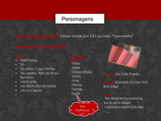 Personagens


Personagem Principal: Liliana tratada por LiLi ou então “vassourinha”

Personagens Secundárias:

Família:                                        Amantes do
•   Irmão(Fernando);                            Marido:

•   Pais                                        -Florbela;
•   Tios: António, Zé, José e Albertino;        -Anabela;
•   Tias: Leopoldina, Maria José, Olivia e      -Liliana(prostituta);
                                                                        Amigos:     Celso, Emília, Fernanda…
    Maria do Céu                                -Verónica;
•   irma do marido,                             -Aurora;                Medicos:    Dr.Soussaline, Dra.Lacaze, Dra.Di
•   Avós: Palmira e Maria da Conceição          -Albertina;             Maria, Dr.Boyer
•   Avôs: Luís e Joaquim                        -Ermelinda,
•   …..                                         -Cândida                Outros:
                                                - …..                   -Dona Albina(irma do propriatario da
                                                          Todas elas    casa dos pais no Sabugal);
                                                         foram          -Luís(inimigo no hospital de São Joao);
                                                    descobertas por     - ……
                                                          Lili
 