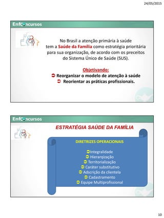 24/05/2015
10
No Brasil a atenção primária à saúde
tem a Saúde da Família como estratégia prioritária
para sua organização, de acordo com os preceitos
do Sistema Único de Saúde (SUS).
Objetivando:
 Reorganizar o modelo de atenção à saúde
 Reorientar as práticas profissionais.
ESTRATÉGIA SAÚDE DA FAMÍLIA
DIRETRIZES OPERACIONAIS
Integralidade
 Hierarqização
 Territorialização
 Caráter substitutivo
 Adscrição da clientela
 Cadastramento
 Equipe Multiprofissional
 