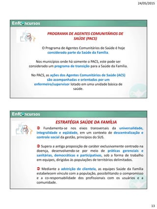 24/05/2015
13
O Programa de Agentes Comunitários de Saúde é hoje
considerado parte da Saúde da Família.
Nos municípios onde há somente o PACS, este pode ser
considerado um programa de transição para a Saúde da Família.
No PACS, as ações dos Agentes Comunitários de Saúde (ACS)
são acompanhadas e orientadas por um
enfermeiro/supervisor lotado em uma unidade básica de
saúde.
PROGRAMA DE AGENTES COMUNITÁRIOS DE
SAÚDE (PACS)
 Fundamenta-se nos eixos transversais da universalidade,
integralidade e eqüidade, em um contexto de descentralização e
controle social da gestão, princípios do SUS.
 Supera a antiga proposição de caráter exclusivamente centrado na
doença, desenvolvendo-se por meio de práticas gerenciais e
sanitárias, democráticas e participativas, sob a forma de trabalho
em equipes, dirigidas às populações de territórios delimitados.
 Mediante a adstrição de clientela, as equipes Saúde da Família
estabelecem vínculo com a população, possibilitando o compromisso
e a co-responsabilidade dos profissionais com os usuários e a
comunidade.
ESTRATÉGIA SAÚDE DA FAMÍLIA
 
