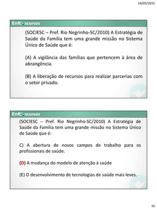 24/05/2015
16
(SOCIESC – Pref. Rio Negrinho-SC/2010) A Estratégia de
Saúde da Família tem uma grande missão no Sistema
Único de Saúde que é:
(A) A vigilância das famílias que pertencem à área de
abrangência.
(B) A liberação de recursos para realizar parcerias com
o setor privado.
(SOCIESC – Pref. Rio Negrinho-SC/2010) A Estratégia de
Saúde da Família tem uma grande missão no Sistema Único
de Saúde que é:
C) A abertura de novos campos de trabalho para os
profissionais de saúde.
(D) A mudança do modelo de atenção à saúde
(E) O desenvolvimento de tecnologias de saúde mais leves.
 