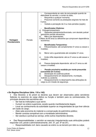 Resumo Esquemático da Lei 8112/90

−
Correspondente ao valor da remuneração quando da
efetividade do servidor, a contar do óbito;
−
Requerida a qualquer momento;
−
Prescreve somente as prestações exigíveis há mais de
5 anos;
−
Vedada a percepção de 2 ou mais pensões (opção);

Vantagem
Previdenciária

Pensão

−
Beneficiados Vitalícios:
c) Cônjuge/companheiro;
d)
Separada judicialmente/divorciada, com decisão judicial
garantindo pensão alimentícia;
e)
Mãe e pai dependentes;
f) Maior de 60 anos ou deficiente que comprovem dependência
econômica.
−
Beneficiados Temporários:
a)
Filhos/enteados: até complementar 21 anos ou cessar a
invalidez;
b)

Menor sob a guarda/tutela até completar 21 anos;

c)
Irmão órfão dependente: até os 21 anos ou até cessar a
invalidez;
d)
Pessoa designada dependente: até os 21 anos ou até
cessar a invalidez.
−
Pensão provisória recebida por morte presumida
(convertida em 5 anos):
a)
Declaração de ausência judicial;
b)
Desaparecimento em desabamento, inundação,
incêndio ou acidente;
c)
Desaparecimento no desempenho das atribuições do
cargo ou em missão de segurança.

Do Regime Disciplinar (Arts. 116 a 142)
• Dos Deveres: a lei prevê os deveres que devem ser observados pelos servidores
federais no exercício de cargo efetivo ou função e também para os comissionados. Os
principais deveres dos servidores são:
− Ser leal às instituições a que servir;
− Cumprir as ordens superiores, exceto quando manifestamente ilegais;
− Levar ao conhecimento da autoridade superior as irregularidades de que tiver ciência
em razão do cargo;
− Zelar pela economia do material e a conservação do patrimônio público;
− Manter conduta compatível com a moralidade administrativa;
− Ser assíduo e pontual ao serviço, entre outros importantes deveres.
•
Das Responsabilidades: o servidor ao executar irregularmente suas atribuições poderá
responder civil, penal e administrativamente. (Art. 37, par. 6º da CF).
− Responsabilidade civil: dano causado ao erário ou ao terceiro por dolo ou culpa;
Curso Prático & Objetivo
Prof. Gilvan Júnior

12

 