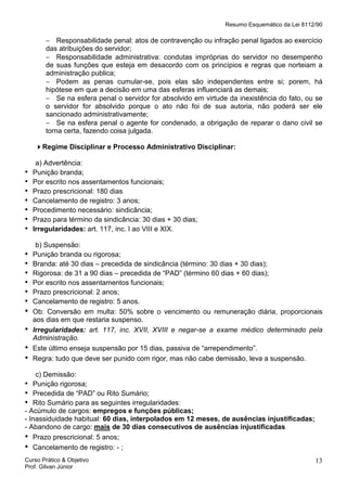 Resumo Esquemático da Lei 8112/90

− Responsabilidade penal: atos de contravenção ou infração penal ligados ao exercício
das atribuições do servidor;
− Responsabilidade administrativa: condutas impróprias do servidor no desempenho
de suas funções que esteja em desacordo com os princípios e regras que norteiam a
administração publica;
− Podem as penas cumular-se, pois elas são independentes entre si; porem, há
hipótese em que a decisão em uma das esferas influenciará as demais;
− Se na esfera penal o servidor for absolvido em virtude da inexistência do fato, ou se
o servidor for absolvido porque o ato não foi de sua autoria, não poderá ser ele
sancionado administrativamente;
− Se na esfera penal o agente for condenado, a obrigação de reparar o dano civil se
torna certa, fazendo coisa julgada.
Regime Disciplinar e Processo Administrativo Disciplinar:

•
•
•
•
•
•
•
•
•
•
•
•
•

•
•
•
•

a) Advertência:
Punição branda;
Por escrito nos assentamentos funcionais;
Prazo prescricional: 180 dias
Cancelamento de registro: 3 anos;
Procedimento necessário: sindicância;
Prazo para término da sindicância: 30 dias + 30 dias;
Irregularidades: art. 117, inc. I ao VIII e XIX.
b) Suspensão:
Punição branda ou rigorosa;
Branda: até 30 dias – precedida de sindicância (término: 30 dias + 30 dias);
Rigorosa: de 31 a 90 dias – precedida de “PAD” (término 60 dias + 60 dias);
Por escrito nos assentamentos funcionais;
Prazo prescricional: 2 anos;
Cancelamento de registro: 5 anos.
Ob: Conversão em multa: 50% sobre o vencimento ou remuneração diária, proporcionais
aos dias em que restaria suspenso.
Irregularidades: art. 117, inc. XVII, XVIII e negar-se a exame médico determinado pela
Administração.
Este último enseja suspensão por 15 dias, passiva de “arrependimento”.
Regra: tudo que deve ser punido com rigor, mas não cabe demissão, leva a suspensão.

c) Demissão:
• Punição rigorosa;
• Precedida de “PAD” ou Rito Sumário;
• Rito Sumário para as seguintes irregularidades:
- Acúmulo de cargos: empregos e funções públicas;
- Inassiduidade habitual: 60 dias, interpolados em 12 meses, de ausências injustificadas;
- Abandono de cargo: mais de 30 dias consecutivos de ausências injustificadas
• Prazo prescricional: 5 anos;
• Cancelamento de registro: - ;
Curso Prático & Objetivo
Prof. Gilvan Júnior

13

 