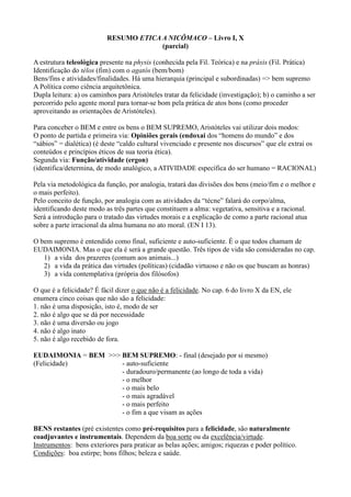 RESUMO ETICA A NICÔMACO – Livro I, X
(parcial)
A estrutura teleológica presente na physis (conhecida pela Fil. Teórica) e na práxis (Fil. Prática)
Identificação do télos (fim) com o agatós (bem/bom)
Bens/fins e atividades/finalidades. Há uma hierarquia (principal e subordinadas) => bem supremo
A Política como ciência arquitetônica.
Dupla leitura: a) os caminhos para Aristóteles tratar da felicidade (investigação); b) o caminho a ser
percorrido pelo agente moral para tornar-se bom pela prática de atos bons (como proceder
aproveitando as orientações de Aristóteles).
Para conceber o BEM e entre os bens o BEM SUPREMO, Aristóteles vai utilizar dois modos:
O ponto de partida e primeira via: Opiniões gerais (endoxai dos “homens do mundo” e dos
“sábios” = dialética) (é deste “caldo cultural vivenciado e presente nos discursos” que ele extrai os
conteúdos e princípios éticos de sua teoria ética).
Segunda via: Função/atividade (ergon)
(identifica/determina, de modo analógico, a ATIVIDADE específica do ser humano = RACIONAL)
Pela via metodológica da função, por analogia, tratará das divisões dos bens (meio/fim e o melhor e
o mais perfeito).
Pelo conceito de função, por analogia com as atividades da “técne” falará do corpo/alma,
identificando deste modo as três partes que constituem a alma: vegetativa, sensitiva e a racional.
Será a introdução para o tratado das virtudes morais e a explicação de como a parte racional atua
sobre a parte irracional da alma humana no ato moral. (EN I 13).
O bem supremo é entendido como final, suficiente e auto-suficiente. É o que todos chamam de
EUDAIMONIA. Mas o que ela é será a grande questão. Três tipos de vida são consideradas no cap.
1) a vida dos prazeres (comum aos animais...)
2) a vida da prática das virtudes (políticas) (cidadão virtuoso e não os que buscam as honras)
3) a vida contemplativa (própria dos filósofos)
O que é a felicidade? É fácil dizer o que não é a felicidade. No cap. 6 do livro X da EN, ele
enumera cinco coisas que não são a felicidade:
1. não é uma disposição, isto é, modo de ser
2. não é algo que se dá por necessidade
3. não é uma diversão ou jogo
4. não é algo inato
5. não é algo recebido de fora.
EUDAIMONIA = BEM >>> BEM SUPREMO: - final (desejado por si mesmo)
(Felicidade) - auto-suficiente
- duradouro/permanente (ao longo de toda a vida)
- o melhor
- o mais belo
- o mais agradável
- o mais perfeito
- o fim a que visam as ações
BENS restantes (pré existentes como pré-requisitos para a felicidade, são naturalmente
coadjuvantes e instrumentais. Dependem da boa sorte ou da excelência/virtude.
Instrumentos: bens exteriores para praticar as belas ações; amigos; riquezas e poder político.
Condições: boa estirpe; bons filhos; beleza e saúde.
 