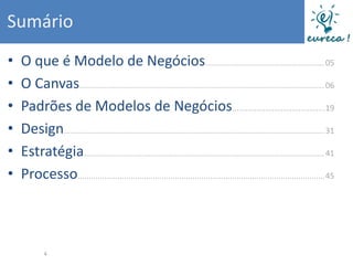 Sumário
•   O que é Modelo de Negócios...................................................... 05
•   O Canvas............................................................................................................... 06
•   Padrões de Modelos de Negócios.......................................... 19
•   Design...................................................................................................................... 31
•   Estratégia............................................................................................................. 41
•   Processo................................................................................................................ 45



             4
 
