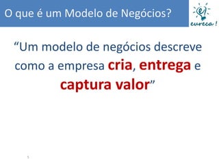 O que é um Modelo de Negócios?

 “Um modelo de negócios descreve
 como a empresa cria, entrega e
        captura valor”



    5
 