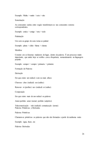 26
Exemplo: Multu > muito / octo > oito
Sonorização
As consoantes surdas entre vogais transformam-se nas consoantes sonoras
correspondentes.
Exemplo: amicu > amigo / totu > todo
Palatização
Um som ou grupo de sons torna-se palatal
Exemplo: planu > chão / flama > chama
Metáfese
Consiste em os fonemas mudarem de lugar, dentro da palavra. É um processo muito
importante, que ainda hoje se verifica com a frequência, nomeadamente na linguagem
popular.
Exemplo: semper > sempre / primariu > primeiro
Formação de Palavras
Derivação
Em que existe um radical e um ou mais afixos:
Chuvoso- chuv (radical) oso (sufixo)
Renovar- re (prefixo) nov (radical) ar (sufixo)
Composição
Em que existe mais de um radical ou palavra:
Amor-perfeito amor (nome) perfeito (adjetivo)
Telecomunicação – tele (radical) comunicação (nome)
Palavras Primitivas e Derivadas
Palavras Primitivas
Chamam-se primitivas as palavras que não são formadas a partir de nenhuma outra
Exemplo: água, fazer, etc
Palavras Derivadas
 