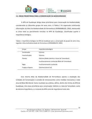Unidade Executora
                                     Estadual do
                                     PRODETUR DE
                                     PERNAMBUCO




2.4. ÁREAS PRIORITÁRIAS PARA A CONSERVAÇÃO DA BIODIVERSIDADE


        A APA de Guadalupe abriga áreas prioritárias para conservação da biodiversidade,
considerando os diferentes grupos de seres vivos. A Tabela 1 foi organizada sintetizando
informações do Atlas da Biodiversidade de Pernambuco (PERNAMBUCO, 2002), destacando
as áreas total ou parcialmente incluídas na APA de Guadalupe, classificadas quanto à
importância biológica.


Tabela 1. Importância biológica da APA de Guadalupe para a conservação de grupos de seres vivos,
segundo o Atlas da Biodiversidade de Pernambuco (PERNAMBUCO, 2002)


         Grupo                         Importância biológica
         Vertebrados                   Extrema
         Inverterbrados                Extrema
         Plantas                       Extrema (ReBio Saltinho e litoral de Tamandaré)
                                       Insuficientemente conhecida (Mata de Tamandaré)
         Algas                         Insuficientemente conhecida
         Fungos e líquens              Extrema (Litoral Sul)




       Esse mesmo Atlas da Biodiversidade de Pernambuco aponta a ampliação das
Unidades de Conservação e conexão de remanescentes como medidas necessárias à toda
área da Mata Meridional. Como resultado nas análises, define, dentro dos limites da APA de
Guadalupe, três áreas prioritárias para conservação: Saltinho e a baía de Tamandaré, como
de extrema importância, e o restante da APA como de importância muito alta.




                                                                                                       39
                   Rua Hermógenes de Morais, 120 - Madalena – CEP 50.610-160 – Recife-PE
       Fone/Fax: (81) 3445-7033 – CNPJ: 70.073.275/0001-30 – E-mail: geosistemas@ geosistemas.com.br
 