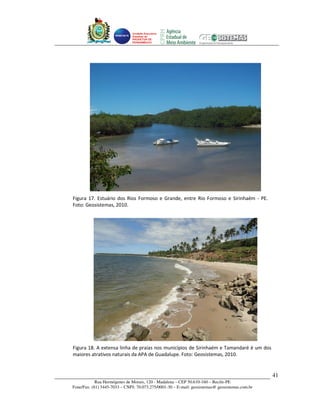 Unidade Executora
                              Estadual do
                              PRODETUR DE
                              PERNAMBUCO




Figura 17. Estuário dos Rios Formoso e Grande, entre Rio Formoso e Sirinhaém - PE.
Foto: Geosistemas, 2010.




Figura 18. A extensa linha de praias nos municípios de Sirinhaém e Tamandaré é um dos
maiores atrativos naturais da APA de Guadalupe. Foto: Geosistemas, 2010.


                                                                                                41
            Rua Hermógenes de Morais, 120 - Madalena – CEP 50.610-160 – Recife-PE
Fone/Fax: (81) 3445-7033 – CNPJ: 70.073.275/0001-30 – E-mail: geosistemas@ geosistemas.com.br
 
