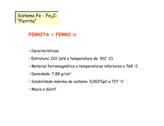 Sistema Fe - Fe3C:
“Ferrita”
Sistema Fe - Fe3C:
“Ferrita”
FERRITA = FERRO α
• Características:
• Estrutura: CCC (até a temperatura de 912 °C)
• Material ferromagnético a temperaturas inferiores a 768 °C
• Densidade: 7,88 g/cm3
• Solubilidade máxima do carbono: 0,002%pC a 727 °C
• Macio e dúctil
 