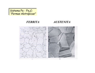 FERRITA AUSTENITA
Sistema Fe - Fe3C:
“Formas Alotrópicas”
Sistema Fe - Fe3C:
“Formas Alotrópicas”
 