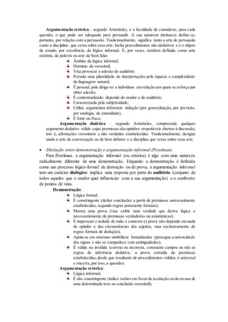 Argumentação retórica – segundo Aristóteles, é a faculdade de considerar, para cada
questão, o que pode ser adequado para persuadir. A sua natureza intrínseca define-se,
portanto, por relação com a persuasão. Tradicionalmente, significa tanto a arte de persuasão
como a disciplina que versa sobre essa arte. Inclui procedimentos não dedutivos e é o objeto
de estudo, por excelência, da lógica informal. É, por vezes, também definida como arte
oratória, da palavra ou arte de bem falar.
Âmbito da lógica informal;
Domínio do verosímil;
Visa provocar a adesão do auditório;
Permite uma pluralidade de interpretações pela riqueza e complexidade
da linguagem natural;
É pessoal, pois dirige-se a indivíduos em relação aos quais se esforça por
obter adesão;
É contextualizada: depende do orador e do auditório;
Caracterizada pela subjetividade;
Utiliza argumentos informais: indução (por generalização, por previsão,
por analogia, de autoridade);
É forte ou fraca.
Argumentação dialética – segundo Aristóteles, compreende qualquer
argumento dedutivo válido cujas premissas são opiniões respeitáveis abertas à discussão,
isto é, afirmações verosímeis e não verdades estabelecidas. Tradicionalmente, designa
ainda a arte da conversação ou de bem debater e a disciplina que versa sobre essa arte.
 Distinção entre demonstração e argumentação informal (Perelman)
Para Perelman, a argumentação informal (ou retórica) é algo com uma natureza
radicalmente diferente de uma demonstração. Enquanto a demonstração é definida
como um processo lógico-formal de derivação ou de prova, a argumentação informal
tem um carácter dialógico: implica uma resposta por parte do auditório (conjunto de
todos aqueles que o orador quer influenciar com a sua argumentação) e o confronto
de pontos de vista.
Demonstração:
Lógica formal;
É constringente (deduz conclusões a partir de premissas universalmente
estabelecidas, segundo regras puramente formais);
Mostra uma prova (visa exibir uma verdade que deriva lógica e
necessariamente de premissas verdadeiras ou axiomáticas);
É impessoal e isolada de todo o contexto (a prova não depende em nada
de opinião e das circunstâncias dos sujeitos, mas exclusivamente de
regras formais de dedução);
Apoia-se em sistemas simbólicos formalizados (persegue a univocidade
dos signos e não se compadece com ambiguidades);
É válida ou inválida (correta ou incorreta, consoante cumpra ou não as
regras de inferência dedutiva; a prova extraída de premissas
estabelecidas,desde que resultante de procedimentos válidos, é universal
e encerra, por isso, a questão).
Argumentação retórica:
Lógica informal;
É não constringente (indica razões em favor da aceitação ou da recusa de
uma determinada tese ou conclusão verosímil);
 