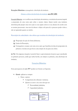 Exceções Dilatórias: consequência- absolvição da instância.
Alcance e efeitos da absolvição da instância: art. 279.º CPC
Exceção Dilatória- se se verificar uma absolvição da instância, a ocorrência da mesma impede
a proposição de uma outra ação sobre o mesmo objeto. Quem recebe uma instância
absolvida pode propor uma nova ação se essa opção estiver ao seu alcance de acordo com
as normas processuais- mas tem de alterar o objeto sob pena de o processo poder voltar a
não ser apreciado quanto ao mérito.
Prescrição da caducidade e dos efeitos que resultam da absolvição da instância:
a) Proposição da ação de forma deficiente;
b) Limite da Prescrição;
c) Conseguimos avançar com uma nova ação que beneficia da data de proposição da
primeira e da data em que houve uma citação do réu para esse efeito.
(n.º3) – Em algumas situações é possível fazer o aproveitamento da prova que é produzida
no primeiro processo, ainda que tenha havido, em relação ao primeiro, uma absolvição da
instância.
Exceções Dilatórias
Estes pressupostos do art. 577.º podem ser: Gerais ou Especiais.
 Gerais- aplicam-se sempre:
o Partes- sujeitos
 Competência dos tribunais- instância;
 Quanto ao autor e réu estes têm que ter:
 Personalidade Judiciária;
 Capacidade Judiciária.
 