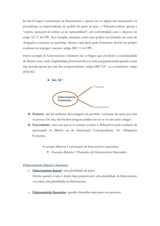 Se não há lugar à constituição de litisconsórcio e apenas um ou alguns dos interessados na
procedência ou improcedência do pedido for parte na ação, o Tribunal conhece apenas a
“respetiva quota-parte do interesse ou da responsabilidade”, em conformidade com o disposto no
artigo 32.º/1 do CPC. Por exemplo, situações como estas podem ser incluídas em casos de
obrigações conjuntas ou parciárias. Nestas, cada parte pode livremente desistir do pedido,
confessar ou transigir o mesmo- artigo 288.º/1 do CPC.
Outro exemplo de Litisconsórcio voluntário são os litígios que envolvem a contitularidade
de direitos reais, onde a legitimidade processual ativa se acha assegurada ainda quando a ação
seja movida apenas por um dos compossuidores- artigo1286.º CC- ou co-herdeiros- artigo
2078.ºCC.
 Art. 32.º.
Comum- não há nenhuma desvantagem em permitir o exercício da causa por uma
só pessoa. Ou seja, não há desvantagem jurídica em ser-se só um autor a litigar;
Conveniente- casos em que se se avançar sozinho o Tribunal só pode conhecer da
quota-parte do Direito ou da Intervenção Correspondente. Ex. Obrigações
Conjuntas.
A exceção dilatória é a preterição de litisconsórcio necessário.
 Exceção dilatória = Preterição de Litisconsórcio Necessário.
Litisconsórcio Inicial e Sucessivo
o Litisconsórcio Inicial- uma pluralidade de pates;
Ocorre quando a ação é desde logo proposta por uma pluralidade de litisconsórcio
ou contra uma pluralidade de litisconsortes.
o Litisconsórcio Sucessivo- quando chamadas mais partes ao processo.
 