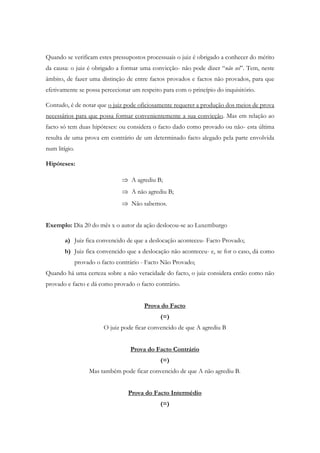 Quando se verificam estes pressupostos processuais o juiz é obrigado a conhecer do mérito
da causa: o juiz é obrigado a formar uma convicção- não pode dizer “não sei”. Tem, neste
âmbito, de fazer uma distinção de entre factos provados e factos não provados, para que
efetivamente se possa percecionar um respeito para com o princípio do inquisitório.
Contudo, é de notar que o juiz pode oficiosamente requerer a produção dos meios de prova
necessários para que possa formar convenientemente a sua convicção. Mas em relação ao
facto só tem duas hipóteses: ou considera o facto dado como provado ou não- esta última
resulta de uma prova em contrário de um determinado facto alegado pela parte envolvida
num litígio.
Hipóteses:
 A agrediu B;
 A não agrediu B;
 Não sabemos.
Exemplo: Dia 20 do mês x o autor da ação deslocou-se ao Luxemburgo
a) Juiz fica convencido de que a deslocação aconteceu- Facto Provado;
b) Juiz fica convencido que a deslocação não aconteceu- e, se for o caso, dá como
provado o facto contrário - Facto Não Provado;
Quando há uma certeza sobre a não veracidade do facto, o juiz considera então como não
provado e facto e dá como provado o facto contrário.
Prova do Facto
(=)
O juiz pode ficar convencido de que A agrediu B
Prova do Facto Contrário
(=)
Mas também pode ficar convencido de que A não agrediu B.
Prova do Facto Intermédio
(=)
 