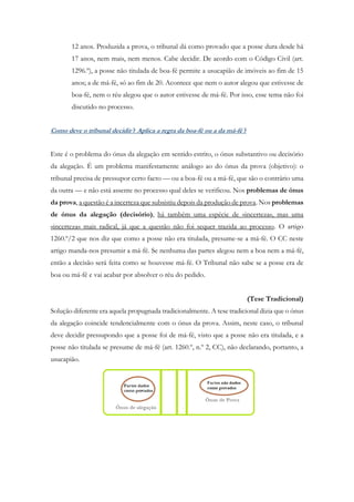 12 anos. Produzida a prova, o tribunal dá como provado que a posse dura desde há
17 anos, nem mais, nem menos. Cabe decidir. De acordo com o Código Civil (art.
1296.º), a posse não titulada de boa-fé permite a usucapião de imóveis ao fim de 15
anos; a de má-fé, só ao fim de 20. Acontece que nem o autor alegou que estivesse de
boa-fé, nem o réu alegou que o autor estivesse de má-fé. Por isso, esse tema não foi
discutido no processo.
Como deve o tribunal decidir ? Aplica a regra da boa-fé ou a da má-fé ?
Este é o problema do ónus da alegação em sentido estrito, o ónus substantivo ou decisório
da alegação. É um problema manifestamente análogo ao do ónus da prova (objetivo): o
tribunal precisa de pressupor certo facto — ou a boa-fé ou a má-fé, que são o contrário uma
da outra — e não está assente no processo qual deles se verificou. Nos problemas de ónus
da prova, a questão é a incerteza que subsistiu depois da produção de prova. Nos problemas
de ónus da alegação (decisório), há também uma espécie de «incerteza», mas uma
«incerteza» mais radical, já que a questão não foi sequer trazida ao processo. O artigo
1260.º/2 que nos diz que como a posse não era titulada, presume-se a má-fé. O CC neste
artigo manda-nos presumir a má-fé. Se nenhuma das partes alegou nem a boa nem a má-fé,
então a decisão será feita como se houvesse má-fé. O Tribunal não sabe se a posse era de
boa ou má-fé e vai acabar por absolver o réu do pedido.
(Tese Tradicional)
Solução diferente era aquela propugnada tradicionalmente. A tese tradicional dizia que o ónus
da alegação coincide tendencialmente com o ónus da prova. Assim, neste caso, o tribunal
deve decidir pressupondo que a posse foi de má-fé, visto que a posse não era titulada, e a
posse não titulada se presume de má-fé (art. 1260.º, n.º 2, CC), não declarando, portanto, a
usucapião.
 