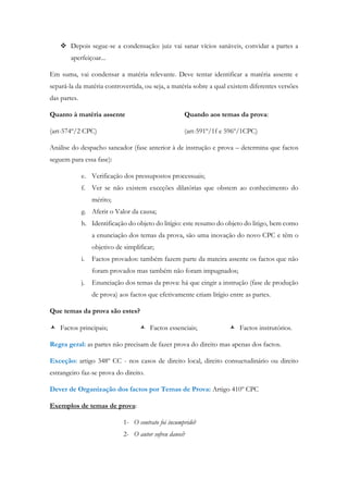  Depois segue-se a condensação: juiz vai sanar vícios sanáveis, convidar a partes a
aperfeiçoar...
Em suma, vai condensar a matéria relevante. Deve tentar identificar a matéria assente e
separá-la da matéria controvertida, ou seja, a matéria sobre a qual existem diferentes versões
das partes.
Quanto à matéria assente
(art-574º/2 CPC)
Quando aos temas da prova:
(art-591º/1f e 596º/1CPC)
Análise do despacho saneador (fase anterior à de instrução e prova – determina que factos
seguem para essa fase):
e. Verificação dos pressupostos processuais;
f. Ver se não existem exceções dilatórias que obstem ao conhecimento do
mérito;
g. Aferir o Valor da causa;
h. Identificação do objeto do litígio: este resumo do objeto do litigo, bem como
a enunciação dos temas da prova, são uma inovação do novo CPC e têm o
objetivo de simplificar;
i. Factos provados: também fazem parte da mateira assente os factos que não
foram provados mas também não foram impugnados;
j. Enunciação dos temas da prova: há que cingir a instrução (fase de produção
de prova) aos factos que efetivamente criam litígio entre as partes.
Que temas da prova são estes?
 Factos principais;  Factos essenciais;  Factos instrutórios.
Regra geral: as partes não precisam de fazer prova do direito mas apenas dos factos.
Exceção: artigo 348º CC - nos casos de direito local, direito consuetudinário ou direito
estrangeiro faz-se prova do direito.
Dever de Organização dos factos por Temas de Prova: Artigo 410º CPC
Exemplos de temas de prova:
1- O contrato foi incumprido?
2- O autor sofreu danos?
 