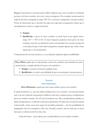 Regime: Equivalente ao das presunções ilidível. Sabemos que estas só podem ser afastadas
por prova de facto contrário- não serve a mera contraprova. Por exemplo, na presunção de
culpa do devedor consagrada no artigo 799.º CC a sua força é equiparada a uma prova plena.
Temos de demonstrar que o devedor não agiu sem culpa para conseguirmos afastar que o
incumprimento se deveu a culpa do devedor.
 Simples;
 Qualificada- a prova do facto contrário só pode fazer-se por alguns meios-
artigo 351.º + 393.º/2 CC. É muito frequente podermos fazer prova do facto
contrário, mas não ser admissível a prova testemunhal. Isto acontece porque há
a convicção de que é mais fácil conseguirmos arranjar alguém que venha a dizer
aquela que é a nossa pretensão.
O afastamento de um meio de prova e a sua utilização implicam alguma credibilidade
Terceiro
Prova Pleníssima
Prova Pleníssima- aquela que nem sequer admite a prova em contrário.
É aquela irrefutável, i.e., que não admite qualquer prova em contrário- caso das presunções
iuris et de iure. Equivale às presunções inilidíveis onde não se admitem pura e simplesmente
prova em sentido contrário. No CC não há nenhum caso. Mas a Jurisprudência qualifica os
dados de depoimento e confissões como prova pleníssima. Os dados não constituem matéria
controvertida- nestes casos nem sequer há atividade probatória – não há possibilidade de
impugnação nem de contraprova sobre eles. Estando assentes, não há nada que se possa
fazer para os afastar. Já não há volta a dar.
Lebre de Freitas- - prova plena, mas a Jurisprudência vai em sentido contrário.
(-_-_-_-_-_-_-_-_-_-_-_-)
Prova Plena: aquela que só cede perante a prova do contrário, não bastando já, como
anteriormente, a simples dúvida. Esta prova do contrário é:
 Simples- se poder ser feita por qualquer meio;
 Qualificada- se excluir a possibilidade de prova testemunhal e por presunções.
 