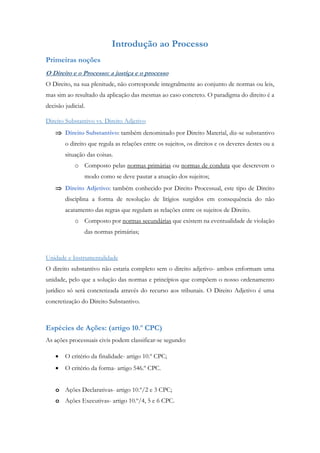 Introdução ao Processo
Primeiras noções
O Direito e o Processo: a justiça e o processo
O Direito, na sua plenitude, não corresponde integralmente ao conjunto de normas ou leis,
mas sim ao resultado da aplicação das mesmas ao caso concreto. O paradigma do direito é a
decisão judicial.
Direito Substantivo vs. Direito Adjetivo
 Direito Substantivo: também denominado por Direito Material, diz-se substantivo
o direito que regula as relações entre os sujeitos, os direitos e os deveres destes ou a
situação das coisas.
o Composto pelas normas primárias ou normas de conduta que descrevem o
modo como se deve pautar a atuação dos sujeitos;
 Direito Adjetivo: também conhecido por Direito Processual, este tipo de Direito
disciplina a forma de resolução de litígios surgidos em consequência do não
acatamento das regras que regulam as relações entre os sujeitos de Direito.
o Composto por normas secundárias que existem na eventualidade de violação
das normas primárias;
Unidade e Instrumentalidade
O direito substantivo não estaria completo sem o direito adjetivo- ambos enformam uma
unidade, pelo que a solução das normas e princípios que compõem o nosso ordenamento
jurídico só será concretizada através do recurso aos tribunais. O Direito Adjetivo é uma
concretização do Direito Substantivo.
Espécies de Ações: (artigo 10.º CPC)
As ações processuais civis podem classificar-se segundo:
 O critério da finalidade- artigo 10.º CPC;
 O critério da forma- artigo 546.º CPC.
o Ações Declarativas- artigo 10.º/2 e 3 CPC;
o Ações Executivas- artigo 10.º/4, 5 e 6 CPC.
 