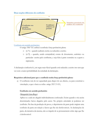 Duas noções diferentes de confissão:
Confissão em sentido probatório:
O artigo 358.º CC atribui à confissão força probatória plena:
o (n.º1) – quando judicial, escrita ou reduzida a escrito;
o (n.º2) – quando, sendo extrajudicial, conste de documento, autêntico ou
particular- escrito pelo confitente, e seja feita à parte contrária ou a quem a
represente.
A declaração confessível é, em regra mais fiável quando está reduzida a escrito isto tem que
ver com a maior probabilidade da seriedade da declaração.
Requisitos adicional para que a confissão tenha força probatória plena:
a) O confitente tem de ter capacidade para dispor do seu direito, ou para constituir a
vinculação, a que o facto se refira- artigo 353.º/1 CC;
Confissão em sentido probatório
(Margarida Lima Rego)
Aplica-se a cada ato alegado individualmente confessado. Existe quando o réu aceita
determinados factos alegados pelo autor. No próprio articulado já podemos ter
confissão. Na fase da produção de prova, o depoimento de parte pode originar uma
confissão da parte em relação a factos que lhe são desfavoráveis. As declarações de
parte, da iniciativa da mesma, não as impede de se pronunciarem sobre algo que lhe
é desfavorável.
 
