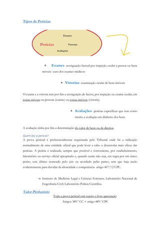 Tipos de Perícias
 Exames- averiguação factual por inspeção ocular a pessoa ou bens
móveis- caso dos exames médicos-
 Vistorias- examinação ocular de bens imóveis
O exame e a vistoria tem por fim a averiguação de factos, por inspeção ou exame ocular, em
coisas móveis ou pessoas (exame) ou coisas imóveis (vistoria).
 Avaliações- perícias específicas que tem como
intuito a avaliação em dinheiro dos bens.
A avaliação tinha por fim a determinação do valor de bens ou de direitos.
Quem faz a perícia?
A prova pericial é preferencialmente requisitada pelo Tribunal onde há a indicação
normalmente de uma entidade oficial que pode levar a cabo o desenrolar mais eficaz das
perícias. A perícia é realizada, sempre que possível e conveniente, por estabelecimento,
laboratório ou serviço oficial apropriado e, quando assim não seja, em regra por um único
perito, este último nomeado pelo juiz ou acordado pelas partes, sem que haja razão
evidentemente para duvidar da idoneidade e competência- artigo 467.º/2 CPC.
 Instituto de Medicina Legal e Ciências Forenses; Laboratório Nacional de
Engenharia Civil; Laboratório Polícia Científica.
Valor Probatório
Toda a prova pericial está sujeito a livre apreciação
Artigos 389.º CC + artigo 489.º CPC
 