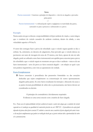 Suma
Factos essenciais = funciona o princípio do dispositivo – têm de ser alegados e provados
pelas partes
-/-
Factos instrumentais = o tribunal pode suprir a negligência ou inatividade das partes,
carreando-os para o processo e submetendo-os a prova
Exemplo:
Numa acção em que se discute a responsabilidade civil por acidente de viação, o autor alegou
que o condutor do veículo causador do acidente conduzia, dentro da cidade, a uma
velocidade superior a 90 km/h.
O autor não consegue fazer a prova da velocidade a que o veículo seguia quando se deu o
embate. Se, entretanto, no decurso do julgamento, ficar provado que o veiculo deixou no
pavimento um rasto de travagem de cerca de 35 metros, este facto, apesar de não ter sido
alegado, pode ser utilizado como facto instrumental com aptidão para concorrer para a prova
da velocidade a que o veículo seguia no momento em que se deu o acidente – trata-se de um
facto instrumental – serve de prova ao facto essencial alegado – em relação ao qual o juiz
tem poderes inquisitórios, com vista ao apuramento da verdade.
Facto Complementar
 Factos essenciais à procedência das pretensões formuladas ou das exceções
deduzidas que sejam complemento ou concretização de outros oportunamente
alegados pelas partes. Se estes factos resultaram da instrução e discussão da causa e
as partes tiveram possibilidade de sobre eles se pronunciarem, tais factos devem ser
considerados na decisão
O princípio do contraditório é devidamente respeitado:
Evidencia-se uma certa conexão com a matéria de facto alegada.
Ex:. Num caso de responsabilidade civil por acidente de viação: o autor não alegou que o condutor do veículo
segurado na ré conduzia na qualidade de comissário prevista no art. 500º CC. A procedência da acção pode
depender da prova deste facto essencial. É evidente a conexão com a matéria de facto alegada pelo autor: trata-
se de um facto complementar que poderá ser utilizado desde que as partes tenham tido a oportunidade de sobre
ele se pronunciarem.
 