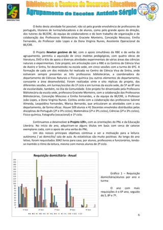 6
O êxito desta atividade foi possível, não só pela grande envolvência de professores de
português, titulares de turma/educadores e de alunos, como pelo grande apoio da direção,
dos tutores da BE/CRE, da equipa de colaboradores e do bom trabalho de organização e de
colaboração das Professoras Bibliotecárias Graciete Monteiro, Conceição Moscoso, Emília
Fernandes, do Professor João Lopes e da Dona Virgínia Nunes, Assistente Operacional da
BE/CRE.
O Projeto Newton gostava de ler, com o apoio simultâneo da RBE e de verba do
agrupamento, permitiu a aquisição de cinco maletas pedagógicas, com quatro obras de
literatura, DVD e Kits de apoio a diversas atividades experimentais de várias áreas das ciências
naturais e experimentais. Este projeto, em articulação com a RBE e os Centros de Ciência Viva
de Aveiro e Sintra, foi desenvolvido na escola sede, em cinco sessões com a turma do 6ºC. A
formação de cada um dos módulos foi realizada no Centro de Ciência Viva de Sintra, onde
estiveram sempre presentes as três professoras bibliotecárias, a coordenadora do
departamento de Ciências Naturais e Físico-química (ou outros elementos do departamento,
consoante a área desenvolvida). Foram realizadas vinte e oito réplicas do projeto, das
diferentes sessões, em turmas/escolas do 1º ciclo e em turmas da escola sede, do 5º ao 8º ano
de escolaridade, também, no Dia da Comunidade. Este projeto foi dinamizado pela Professora
Bibliotecária da escola sede, professora Graciete Monteiro, com a colaboração das Professoras
Bibliotecárias, Conceição Moscoso e Emília Fernandes, e da equipa da BE/CRE, o Professor
João Lopes, a Dona Virgínia Nunes. Contou ainda com a colaboração das professoras Salomé
Almeida, Leopoldina Fernandes, Marisa Bernardo, que articularam as atividades com o seu
departamento, de forma eficaz. Houve 509 alunos e 41 Docentes envolvidos distribuídos pelas
disciplinas de Português (2º e 3ºs ciclos), Matemática (2º e 3ºs ciclos), Ciências (2º e 3ºs ciclos),
Físico-química, Fotografia (vocacional) e 1º ciclo.
Continuamos a desenvolver o Projeto LER+, com as orientações do PNL e da Educação
Literária. No início do ano, adquiriram-se alguns títulos em baús com cerca de catorze
exemplares cada, com o apoio de uma verba do PNL.
Um dos nossos principais objetivos continua a ser a motivação para a leitura:
autónoma / ao domicílio/ sala de aula. As estatísticas são muito positivas: Ao longo do ano
letivo, foram requisitados 3042 livros para casa, por alunos, professores e funcionários, tendo-
se mantido o ritmo da leitura, mesmo com menos alunos de 2º ciclo.
Gráfico 1 – Requisição
domiciliária/alunos por ano e
turma
O ano com mais
requisições é o 6º ano, seguido
do 5, 8º e 7º.
 