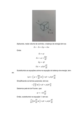 Aplicando, neste volume de controle, o balanço de energia tem-se:
𝐸𝑒̇ − 𝐸𝑠̇ + 𝐸𝑔̇ = 𝐸𝑎𝑐̇
Onde:
𝐸𝑒̇ = 𝑞𝑟
𝐸𝑠̇ = 𝑞𝑟 +
𝑑𝑞𝑟
𝑑𝑟
𝐸𝑔̇ = 𝑞̇ 𝑉
𝐸𝑎𝑐̇ = 𝜌𝐶𝑝𝑉
𝜕𝑇
𝜕𝑡
Substituindo as equações acima na equação do balanço de energia, tem-
se:
(𝑞𝑟) − ( 𝑞𝑟 +
𝑑𝑞𝑟
𝑑𝑟
∆𝑟) + 𝑞̇ 𝑉 = 𝜌𝐶𝑝𝑉
𝜕𝑇
𝜕𝑡
Simplificando os termos possíveis, tem-se:
− (
𝑑𝑞𝑟
𝑑𝑟
∆𝑟) + 𝑞̇ 𝑉 = 𝜌𝐶𝑝𝑉
𝜕𝑇
𝜕𝑡
Sabemos pela lei de Fourier, que:
𝑞𝑟 = −𝑘𝐴
𝜕𝑇
𝜕𝑟
Então, substituindo na equação 1, tem-se:
𝜕
𝜕𝑟
(𝑘𝐴
𝜕𝑇
𝜕𝑟
∆𝑟) + 𝑞̇ 𝑉 = 𝜌𝐶𝑝𝑉
𝜕𝑇
𝜕𝑡
 