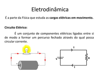 Eletrodinâmica
Circuito Elétrico:
É um conjunto de componentes elétricos ligados entre si
de modo a formar um percurso fechado através do qual possa
circular corrente.
É a parte da Física que estuda as cargas elétricas em movimento.
 