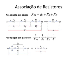 Associação em série: 321 RRRR ++=eq
Associação em paralelo:
321
1111
RRRR
++=
eq
Associação de Resistores
 