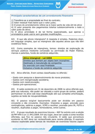 INSTAGRAM
@CONTABILIDADEFACILITADA
www.estrategiaconcursos.com.br Página 10 de 29
RESUMO – CONTABILIDADE GERAL – ESTRATÉGIA CONCURSOS
PROFS. GABRIEL RABELO/LUCIANO ROSA/JULIO CARDOZO
Principais características de um arrendamento financeiro
1) Transfere-se a propriedade ao final do contrato;
2) Valor residual mais baixo que o valor justo;
3) O prazo do arrendamento refere-se à maior parte da vida útil do ativo
4) O valor presente dos pagamentos totaliza substancialmente o todo o
valor justo do ativo;
5) O ativo arrendado é de tal forma especializado, que apenas o
arrendatário pode usá-lo sem grandes modificações.
62) O que são ativos intangíveis? A resposta é simples. Podemos dizer,
em linguajar simples, que os intangíveis são aqueles ativos que não têm
existência física.
63) Como exemplos de intangíveis, temos: direitos de exploração de
serviços públicos mediante concessão ou permissão do Poder Público,
marcas e patentes, fundo de comércio adquirido.
Ativo intangível - Lei 6404
Direitos que tenham por objeto bem incorpóreo
Destinado à manutenção da companhia
Ou exercido com essa finalidade
Inclusive o fundo de comércio adquirido
64) Ativo diferido. Eram contas classificadas no diferido:
- Gasto com pesquisa e desenvolvimento de novos produtos;
- Gastos com reorganização societária;
- Gastos com reestruturação;
- Gastos pré-operacionais.
65) O saldo existente em 31 de dezembro de 2008 no ativo diferido que,
pela sua natureza, não puder ser alocado a outro grupo de contas, poderá
permanecer no ativo sob essa classificação até sua completa amortização,
sujeitos ao teste de recuperabilidade.
66) O passivo exigível basicamente pode ser dividido em passivo
circulante e não circulante. Exemplos: Impostos a pagar, provisão para
contingências, salários a pagar, ICMS a recolher, provisão para IR, FGTS a
recolher, duplicatas a pagar, fornecedores, entre outros.
67) O grupo resultado de exercícios futuros – REF foi extinto com a edição
da MP 449 e Lei 11.941/2009. Em seu lugar, deve ser usada a conta receitas
diferidas, que fica no passivo não circulante. O saldo que porventura
existente no REF deve ser reclassificado para receita diferida. O exemplo
clássico explorado pelas bancas de resultado de exercícios futuros (agora
 
