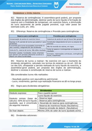 INSTAGRAM
@CONTABILIDADEFACILITADA
www.estrategiaconcursos.com.br Página 14 de 29
RESUMO – CONTABILIDADE GERAL – ESTRATÉGIA CONCURSOS
PROFS. GABRIEL RABELO/LUCIANO ROSA/JULIO CARDOZO
Estabelecer o limite máximo
82) Reserva de contingências: A assembleia-geral poderá, por proposta
dos órgãos da administração, destinar parte do lucro líquido à formação de
reserva com a finalidade de compensar, em exercício futuro, a diminuição
do lucro decorrente de perda julgada provável, cujo valor possa ser
estimado (LSA, art. 195).
83) Diferença: Reserva de contingências x Provisão para contingências
Reserva para contingência Provisões para contingências
Compensação de perda em exercício futuro Cobertura de perda em que já houve fato gerador
Segrega no PL parcela de lucros que poderia ir para
dividendos
Constituída independente do lucro ou prejuízo do
exercício
É revertida para lucros acumulados (ocorrendo ou
não o evento), integrando BC dos dividendos
Não há reversão de valores, em regra.
Conta do PL, reserva de lucros. Não afeta resultado
Conta do passivo e contrapartida em despesa no
resultado.
Exemplos: geadas, inundações, secas, empresas
que operam com períodos altamente lucrativos e
depois com baixa lucratividade
Exemplos: indenizações contratuais, contingências
fiscais, trabalhistas
84) Reserva de lucros a realizar: No exercício em que o montante do
dividendo obrigatório, calculado nos termos do estatuto ou do art. 202 da
Lei das S/A, ultrapassar a parcela realizada do lucro líquido do exercício, a
assembleia-geral poderá, por proposta dos órgãos da administração,
destinar o excesso à constituição de reserva de lucros a realizar.
São considerados lucros não realizados:
- Resultado positivo com equivalência patrimonial.
- Lucro, rendimento, ganhos cuja realização financeira se dê no longo prazo
85) Regra para dividendos obrigatórios:
Dividendos
Estatuto expresso Fixa o quanto quiser
Estatuto omisso (base de
cálculo): 50% do lucro líquido
ajustado, que é encontrado
da seguinte maneira
Lucro líquido do exercício
- Reserva legal
- Reserva para contingências
+ Reversão de reserva para contingências
- Reserva de incentivos fiscais (facultativo)
- Reserva emissão de debent. (facultativo)
Se fixar depois Mínimo 25% do valor do lucro ajustado acima
86) Dividendos adicionais:
 