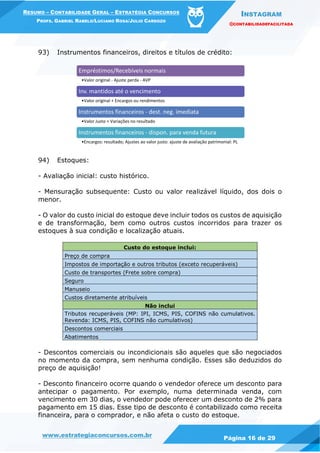 INSTAGRAM
@CONTABILIDADEFACILITADA
www.estrategiaconcursos.com.br Página 16 de 29
RESUMO – CONTABILIDADE GERAL – ESTRATÉGIA CONCURSOS
PROFS. GABRIEL RABELO/LUCIANO ROSA/JULIO CARDOZO
93) Instrumentos financeiros, direitos e títulos de crédito:
94) Estoques:
- Avaliação inicial: custo histórico.
- Mensuração subsequente: Custo ou valor realizável líquido, dos dois o
menor.
- O valor do custo inicial do estoque deve incluir todos os custos de aquisição
e de transformação, bem como outros custos incorridos para trazer os
estoques à sua condição e localização atuais.
Custo do estoque inclui:
Preço de compra
Impostos de importação e outros tributos (exceto recuperáveis)
Custo de transportes (Frete sobre compra)
Seguro
Manuseio
Custos diretamente atribuíveis
Não inclui
Tributos recuperáveis (MP: IPI, ICMS, PIS, COFINS não cumulativos.
Revenda: ICMS, PIS, COFINS não cumulativos)
Descontos comerciais
Abatimentos
- Descontos comerciais ou incondicionais são aqueles que são negociados
no momento da compra, sem nenhuma condição. Esses são deduzidos do
preço de aquisição!
- Desconto financeiro ocorre quando o vendedor oferece um desconto para
antecipar o pagamento. Por exemplo, numa determinada venda, com
vencimento em 30 dias, o vendedor pode oferecer um desconto de 2% para
pagamento em 15 dias. Esse tipo de desconto é contabilizado como receita
financeira, para o comprador, e não afeta o custo do estoque.
Empréstimos/Recebíveis normais
•Valor original - Ajuste perda - AVP
Inv. mantidos até o vencimento
•Valor original + Encargos ou rendimentos
Instrumentos financeiros - dest. neg. imediata
•Valor Justo + Variações no resultado
Instrumentos financeiros - dispon. para venda futura
•Encargos: resultado; Ajustes ao valor justo: ajuste de avaliação patrimonial: PL
 