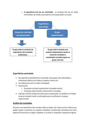 o A experiência tem de ser controlada - as variáveis têm de ser todas
             controladas, de modo a que apenas uma esteja aberta a estudo.




                                  Experiência
                                  controlada

   Grupo de controlo                                   Grupo
    ou testemunho                                   experimental




Grupo onde as variáveis da                    Grupo onde é testada uma
 experiência são mantidas                   variável independente sendo as
       inalteráveis.                             restantes condições e
                                            constituição mantidas iguais ao
                                                    grupo controlo.




Experiência controlada

      Na experiência devidamente controlada, dois grupos são submetidos a
       tratamento idêntico em todos os aspetos, menos um.
      Essa diferença única é o fator investigado
      Geralmente:
           o Os grupos-controle representam a situação normal,
           o Os grupos experimentais representam a variação.
      O grupo-controle proporciona base para comparação: um padrão em relação
       ao qual se podem medir as alterações que se verificarem no grupo
       experimental.

Análise de resultados
Durante uma experiência são reunidos todos os dados, de modo a juntar indícios que
podem ajudar a sustentar ou a rejeitar a hipótese. A análise dos resultados tem como
objetivo final provar ou negar a hipótese e, ao fazê-lo, responder à pergunta original.
 