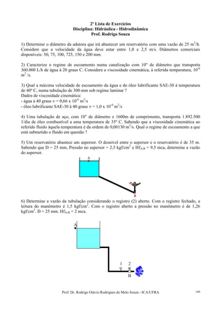 Prof. Dr. Rodrigo Otávio Rodrigues de Melo Souza - ICA/UFRA 109
2º Lista de Exercícios
Disciplina: Hidráulica - Hidrodinâmica
Prof. Rodrigo Souza
1) Determine o diâmetro da adutora que irá abastecer um reservatório com uma vazão de 25 m3
/h.
Considere que a velocidade da água deve estar entre 1,0 e 2,5 m/s. Diâmetros comerciais
disponíveis: 50, 75, 100, 725, 150 e 200 mm.
2) Caracterize o regime de escoamento numa canalização com 10" de diâmetro que transporta
360.000 L/h de água à 20 graus C. Considere a viscosidade cinemática, à referida temperatura, 10-6
m2
/s.
3) Qual a máxima velocidade de escoamento da água e do óleo lubrificante SAE-30 à temperatura
de 40º C, numa tubulação de 300 mm sob regime laminar ?
Dados de viscosidade cinemática:
- água à 40 graus ν = 0,66 x 10-6
m2
/s
- óleo lubrificante SAE-30 à 40 graus ν = 1,0 x 10-4
m2
/s
4) Uma tubulação de aço, com 10" de diâmetro e 1600m de comprimento, transporta 1.892.500
1/dia de óleo combustível a uma temperatura de 35º C. Sabendo que a viscosidade cinemática ao
referido fluido àquela temperatura é da ordem de 0,00130 m2
/s. Qual o regime de escoamento a que
está submetido o fluido em questão ?
5) Um reservatório abastece um aspersor. O desnível entre o aspersor e o reservatório é de 35 m.
Sabendo que D = 25 mm, Pressão no aspersor = 2,5 kgf/cm2
e HfA-B = 9,5 mca, determine a vazão
do aspersor.
A
B
A
B
6) Determine a vazão da tubulação considerando o registro (2) aberto. Com o registro fechado, a
leitura do manômetro é 1,5 kgf/cm2
. Com o registro aberto a pressão no manômetro é de 1,26
kgf/cm2
. D = 25 mm. HfA-B = 2 mca.
A
1 2
B
 