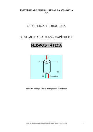 Prof. Dr. Rodrigo Otávio Rodrigues de Melo Souza - ICA/UFRA 13
UNIVERSIDADE FEDERAL RURAL DA AMAZÔNIA
ICA
DISCIPLINA: HIDRÁULICA
RESUMO DAS AULAS – CAPÍTULO 2
HIDROSTÁTICA
P1
P2 Peso da água
1
2
A Z1
Z2
P1
P2 Peso da água
1
2
A Z1
Z2
Prof. Dr. Rodrigo Otávio Rodrigues de Melo Souza
 