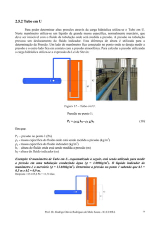 Prof. Dr. Rodrigo Otávio Rodrigues de Melo Souza - ICA/UFRA 19
2.5.2 Tubo em U
Para poder determinar altas pressões através da carga hidráulica utiliza-se o Tubo em U.
Neste manômetro utiliza-se um líquido de grande massa específica, normalmente mercúrio, que
deve ser imiscível com o fluído da tubulação onde será medida a pressão. A pressão na tubulação
provoca um deslocamento do fluído indicador. Esta diferença de altura é utilizada para a
determinação da Pressão. Um lado do manômetro fica conectado no ponto onde se deseja medir a
pressão e o outro lado fica em contato com a pressão atmosférica. Para calcular a pressão utilizando
a carga hidráulica utiliza-se a expressão da Lei de Stevin:
1
h1
h2
Figura 12 – Tubo em U.
Pressão no ponto 1:
P1 = ρρρρ2.g.h2 - ρρρρ1.g.h1 (18)
Em que:
P1 – pressão no ponto 1 (Pa)
ρ1 - massa específica do fluído onde está sendo medida a pressão (kg/m3
)
ρ2 - massa específica do fluído indicador (kg/m3
)
h1 – altura do fluído onde está sendo medida a pressão (m)
h2 - altura do fluído indicador (m)
Exemplo: O manômetro de Tubo em U, esquematizado a seguir, está sendo utilizado para medir
a pressão em uma tubulação conduzindo água (ρρρρ = 1.000kg/m3
). O líquido indicador do
manômetro é o mercúrio (ρρρρ = 13.600kg/m3
). Determine a pressão no ponto 1 sabendo que h1 =
0,5 m e h2 = 0,9 m.
Resposta: 115.169,4 Pa = 11,74 mca
1
h1
h2
 