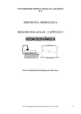 Prof. Dr. Rodrigo Otávio Rodrigues de Melo Souza - ICA/UFRA 29
UNIVERSIDADE FEDERAL RURAL DA AMAZÔNIA
ICA
DISCIPLINA: HIDRÁULICA
RESUMO DAS AULAS – CAPÍTULO 3
HIDRODINÂMICA
Plano de Referência
Energia Total
γ
1P
γ
2P
g2
1V 2
g2
2V 2
Z1
Z2
Tubulação
A1
A2
Plano de Referência
Energia Total
γ
1P
γ
2P
g2
1V 2
g2
2V 2
Z1
Z2
Tubulação
A1
A2
Prof. Dr. Rodrigo Otávio Rodrigues de Melo Souza
 