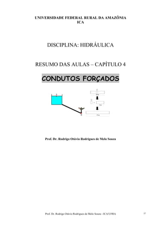 Prof. Dr. Rodrigo Otávio Rodrigues de Melo Souza - ICA/UFRA 37
UNIVERSIDADE FEDERAL RURAL DA AMAZÔNIA
ICA
DISCIPLINA: HIDRÁULICA
RESUMO DAS AULAS – CAPÍTULO 4
CONDUTOS FORÇADOS
A
B
A
B
10 m
=
5 m
15 m
10 m
=
5 m
15 m
Prof. Dr. Rodrigo Otávio Rodrigues de Melo Souza
 