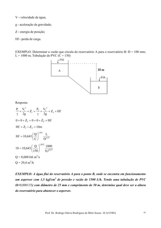Prof. Dr. Rodrigo Otávio Rodrigues de Melo Souza - ICA/UFRA 43
V - velocidade da água;
g - aceleração da gravidade;
Z - energia de posição;
Hf - perda de carga.
EXEMPLO: Determinar a vazão que circula do reservatório A para o reservatório B: D = 100 mm;
L = 1000 m; Tubulação de PVC (C = 150)
Resposta:
HfZ
g2
VP
Z
g2
VP
2
2
22
1
2
11
+++
γ
=++
γ
HfZ00Z00 21 +++=++
m10ZZHf 21 =−=
87,4
852,1
D
L
C
Q
.643,10Hf 





=
87,4
852,1
1,0
1000
150
Q
.643,1010 





=
Q = 0,008166 m3
/s
Q = 29,4 m3
/h
EXEMPLO: A água flui do reservatório A para o ponto B, onde se encontra em funcionamento
um aspersor com 1,5 kgf/cm2
de pressão e vazão de 1500 L/h. Tendo uma tubulação de PVC
(b=0,000135) com diâmetro de 25 mm e comprimento de 50 m, determine qual deve ser a altura
do reservatório para abastecer o aspersor.
 