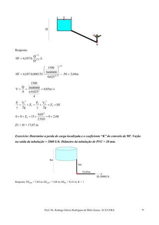 Prof. Dr. Rodrigo Otávio Rodrigues de Melo Souza - ICA/UFRA 44
A
B
A
B
Resposta:
L.
D
Q
.b.107,6Hf 75,4
75,1
=
m04,250.
025,0
3600000
1500
.000135,0.107,6Hf 75,4
75,1
=






=
s/m85,0
4
025,0.
3600000
1500
A
Q
V 2
=
π
==
HfZ
g2
VP
Z
g2
VP
2
2
22
1
2
11
+++
γ
=++
γ
04,20
81,9.2
85,0
15Z00
2
1 +++=++
Z1 = H = 17,07 m
Exercício: Determine a perda de carga localizada e o coeficiente “K” do cotovelo de 90º. Vazão
na saída da tubulação = 2000 L/h. Diâmetro da tubulação de PVC = 20 mm.
Q=2000L/h
6m
33,43m
8m
Q=2000L/h
6m
33,43m
8m
Resposta: Hftotal = 7,84 m; Hfcont = 7,68 m; Hfloc = 0,16 m; K = 1
H
 