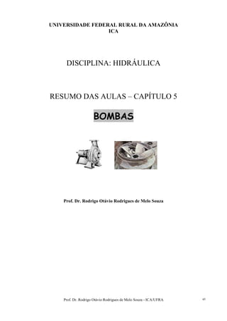 Prof. Dr. Rodrigo Otávio Rodrigues de Melo Souza - ICA/UFRA 45
UNIVERSIDADE FEDERAL RURAL DA AMAZÔNIA
ICA
DISCIPLINA: HIDRÁULICA
RESUMO DAS AULAS – CAPÍTULO 5
BOMBAS
Prof. Dr. Rodrigo Otávio Rodrigues de Melo Souza
 