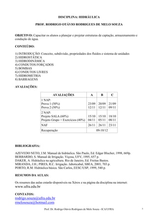 Prof. Dr. Rodrigo Otávio Rodrigues de Melo Souza - ICA/UFRA 5
DISCIPLINA: HIDRÁULICA
PROF. RODRIGO OTÁVIO RODRIGUES DE MELO SOUZA
OBJETIVO: Capacitar os alunos a planejar e projetar estruturas de captação, armazenamento e
condução de água.
CONTEÚDO:
1) INTRODUÇÃO: Conceito, subdivisão, propriedades dos fluídos e sistema de unidades
2) HIDROSTÁTICA
3) HIDRODINÂMICA
4) CONDUTOS FORÇADOS
5) BOMBAS
6) CONDUTOS LIVRES
7) HIDROMETRIA
8) BARRAGENS
AVALIAÇÕES:
AVALIAÇÕES A B C
1 NAP:
Prova 1 (50%)
Prova 2 (50%)
23/09
12/11
20/09
12/11
21/09
09/11
2 NAP:
Projeto SALA (60%)
Projeto Grupo + Exercícios (40%)
15/10
04/11
15/10
05/11
18/10
08/11
NAF 26/11 26/11 23/11
Recuperação 09-10/12
BIBLIOGRAFIA:
AZEVEDO NETO, J.M. Manual de hidráulica. São Paulo, Ed. Edgar Blucher, 1998, 669p.
BERBARDO, S. Manual de Irrigação. Viçosa, UFV, 1995, 657 p.
DAKER, A. Hidráulica na agricultura. Rio de Janeiro, Ed. Freitas Bastos.
MIRANDA, J.H.; PIRES, R.C. Irrigação. Jaboticabal, SBEA, 2003, 703 p.
PORTO, R.M. Hidráulica básica. São Carlos, EESC/USP, 1999, 540 p.
RESUMOS DA AULAS:
Os resumos das aulas estarão disponíveis na Xérox e na página da disciplina na internet:
www.ufra.edu.br
CONTATOS:
rodrigo.souza@ufra.edu.br
rmelosouza@hotmail.com
 