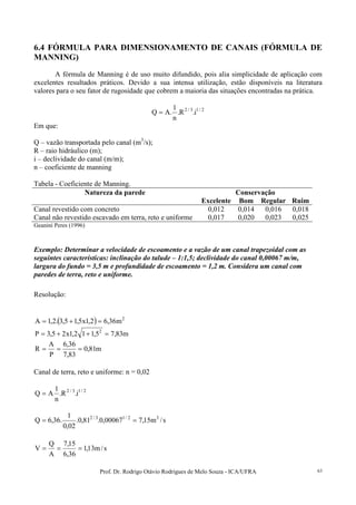 Prof. Dr. Rodrigo Otávio Rodrigues de Melo Souza - ICA/UFRA 63
6.4 FÓRMULA PARA DIMENSIONAMENTO DE CANAIS (FÓRMULA DE
MANNING)
A fórmula de Manning é de uso muito difundido, pois alia simplicidade de aplicação com
excelentes resultados práticos. Devido a sua intensa utilização, estão disponíveis na literatura
valores para o seu fator de rugosidade que cobrem a maioria das situações encontradas na prática.
2/13/2
i.R.
n
1
.AQ =
Em que:
Q – vazão transportada pelo canal (m3
/s);
R – raio hidráulico (m);
i – declividade do canal (m/m);
n – coeficiente de manning
Tabela - Coeficiente de Manning.
ConservaçãoNatureza da parede
Excelente Bom Regular Ruim
Canal revestido com concreto 0,012 0,014 0,016 0,018
Canal não revestido escavado em terra, reto e uniforme 0,017 0,020 0,023 0,025
Geanini Peres (1996)
Exemplo: Determinar a velocidade de escoamento e a vazão de um canal trapezoidal com as
seguintes características: inclinação do talude – 1:1,5; declividade do canal 0,00067 m/m,
largura do fundo = 3,5 m e profundidade de escoamento = 1,2 m. Considera um canal com
paredes de terra, reto e uniforme.
Resolução:
( ) 2
m36,62,1x5,15,3.2,1A =+=
m83,75,112,1x25,3P 2
=++=
m81,0
83,7
36,6
P
A
R ===
Canal de terra, reto e uniforme: n = 0,02
2/13/2
i.R.
n
1
AQ =
s/m15,700067,0.81,0.
02,0
1
.36,6Q 32/13/2
==
s/m13,1
36,6
15,7
A
Q
V ===
 