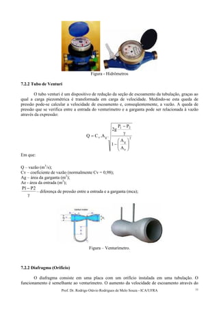 Prof. Dr. Rodrigo Otávio Rodrigues de Melo Souza - ICA/UFRA 77
Figura - Hidrômetros
7.2.2 Tubo de Venturi
O tubo venturi é um dispositivo de redução da seção de escoamento da tubulação, graças ao
qual a carga piezométrica é transformada em carga de velocidade. Medindo-se esta queda de
pressão pode-se calcular a velocidade de escoamento e, conseqüentemente, a vazão. A queda de
pressão que se verifica entre a entrada do venturímetro e a garganta pode ser relacionada à vazão
através da expressão:
2
e
g
21
gv
A
A
1
PP
g2
.A.CQ








−
γ
−
=
Em que:
Q – vazão (m3
/s);
Cv – coeficiente de vazão (normalmente Cv = 0,98);
Ag – área da garganta (m2
);
Ae - área da entrada (m2
);
γ
− 2P1P
– diferença de pressão entre a entrada e a garganta (mca);
Figura – Venturímetro.
7.2.2 Diafragma (Orifício)
O diafragma consiste em uma placa com um orifício instalada em uma tubulação. O
funcionamento é semelhante ao venturímetro. O aumento da velocidade de escoamento através do
 