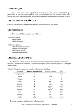 Prof. Dr. Rodrigo Otávio Rodrigues de Melo Souza - ICA/UFRA 8
1 INTRODUÇÃO
A água é um recurso natural importante para qualquer atividade agrícola. É importante que o
profissional da área de ciências agrárias saiba utilizar este recurso com eficiência. Para tanto o
mesmo deve saber planejar e projetar estruturas de captação, condução e armazenamento de água.
1.1 CONCEITO DE HIDRÁULICA
Conceito: é o estudo do comportamento da água em repouso ou em movimento
1.2 SUBDIVISÕES
A disciplina de Hidráulica pode ser dividida em:
- Hidráulica teórica:
- Hidrostática
- Hidrodinâmica
- Hidráulica aplicada;
- Sistemas de abastecimento
- Irrigação e drenagem
- Geração de energia
- Dessedentação animal
1.3 SISTEMA DE UNIDADES
Na Hidráulica o profissional irá trabalhar com inúmeras grandezas, portanto o domínio das
unidades e dos fatores de conversão é requisito básico para a elaboração dos projetos. As principais
grandezas são:
Tabela 1. Principais grandezas e unidades utilizadas na Hidráulica.
Grandeza Sistema Internacional Sistema Técnico CGS
comprimento m m Cm
Massa kg utm G
Tempo s s S
Força N kgf dina
Energia J kgm erg
Potência W kgm/s Erg/s
Pressão Pa Kgf/m2
bária
Área m2
m2
Cm2
Volume m3
m3
Cm3
Vazão m3
/s m3
/s cm3
/s
Dentre as grandezas citadas as mais utilizadas serão:
 