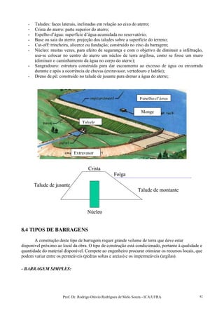 Prof. Dr. Rodrigo Otávio Rodrigues de Melo Souza - ICA/UFRA 82
- Taludes: faces laterais, inclinadas em relação ao eixo do aterro;
- Crista do aterro: parte superior do aterro;
- Espelho d’água: superfície d’água acumulada no reservatório;
- Base ou saia do aterro: projeção dos taludes sobre a superfície do terreno;
- Cut-off: trincheira, alicerce ou fundação; construído no eixo da barragem;
- Núcleo: muitas vezes, para efeito de segurança e com o objetivo de diminuir a infiltração,
usa-se colocar no centro do aterro um núcleo de terra argilosa, como se fosse um muro
(diminuir o caminhamento da água no corpo do aterro);
- Sangradouro: estrutura construída para dar escoamento ao excesso de água ou enxurrada
durante e após a ocorrência de chuvas (extravasor, vertedouro e ladrão);
- Dreno de pé: construído no talude de jusante para drenar a água do aterro;
Talude de montante
Talude de jusante
Núcleo
Crista
Folga
Talude de montante
Talude de jusante
Núcleo
Crista
Folga
8.4 TIPOS DE BARRAGENS
A construção deste tipo de barragem requer grande volume de terra que deve estar
disponível próximo ao local da obra. O tipo de construção está condicionado, portanto à qualidade e
quantidade do material disponível. Compete ao engenheiro procurar otimizar os recursos locais, que
podem variar entre os permeáveis (pedras soltas e areias) e os impermeáveis (argilas).
- BARRAGEM SIMPLES:
Espelho d’água
Monge
Talude
Extravasor
 